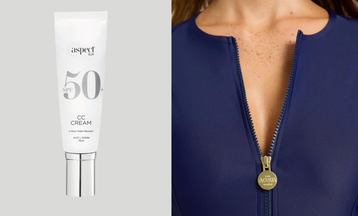 Sun protection with SPF50 sunscreen plus The Acqua Brand Luxury Rashguard (theacquabrand.com/)