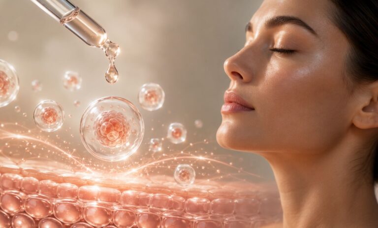 Close-up illustration of exosome therapy for skin rejuvenation showing a glowing woman, a serum dropper and microscopic exosome vesicles supporting skin regeneration and collagen renewal.
