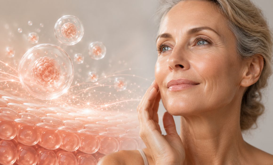 Mature woman with healthy glowing skin alongside exosome-inspired microscopic vesicles, illustrating regenerative skin therapy and skin rejuvenation.